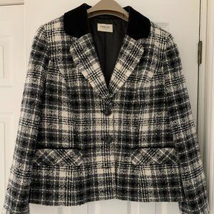 black, white  and gray plaid jacket